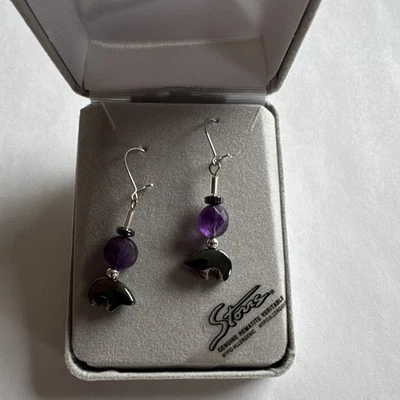 STORRS Hypoallergenic Amethyst & Hematite Hook Dangle Earrings Bear Charm - Image 1 of 2