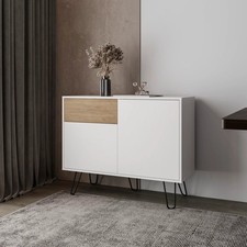 White Natural Oak 4 Shelf Cabinet with Drawer, Modern Storage Cabinet