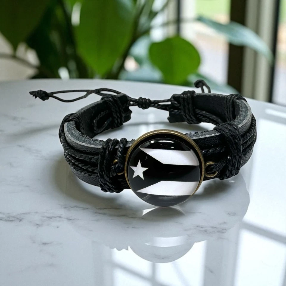 Puerto Rico Flag Bracelet Black Leather Adjustable Unisex PR Gift Jewelry - Image 4 of 4