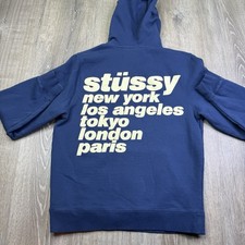 Stussy World Tour Pullover Hoodie Blue Italic Mens Size S Small Drawstring