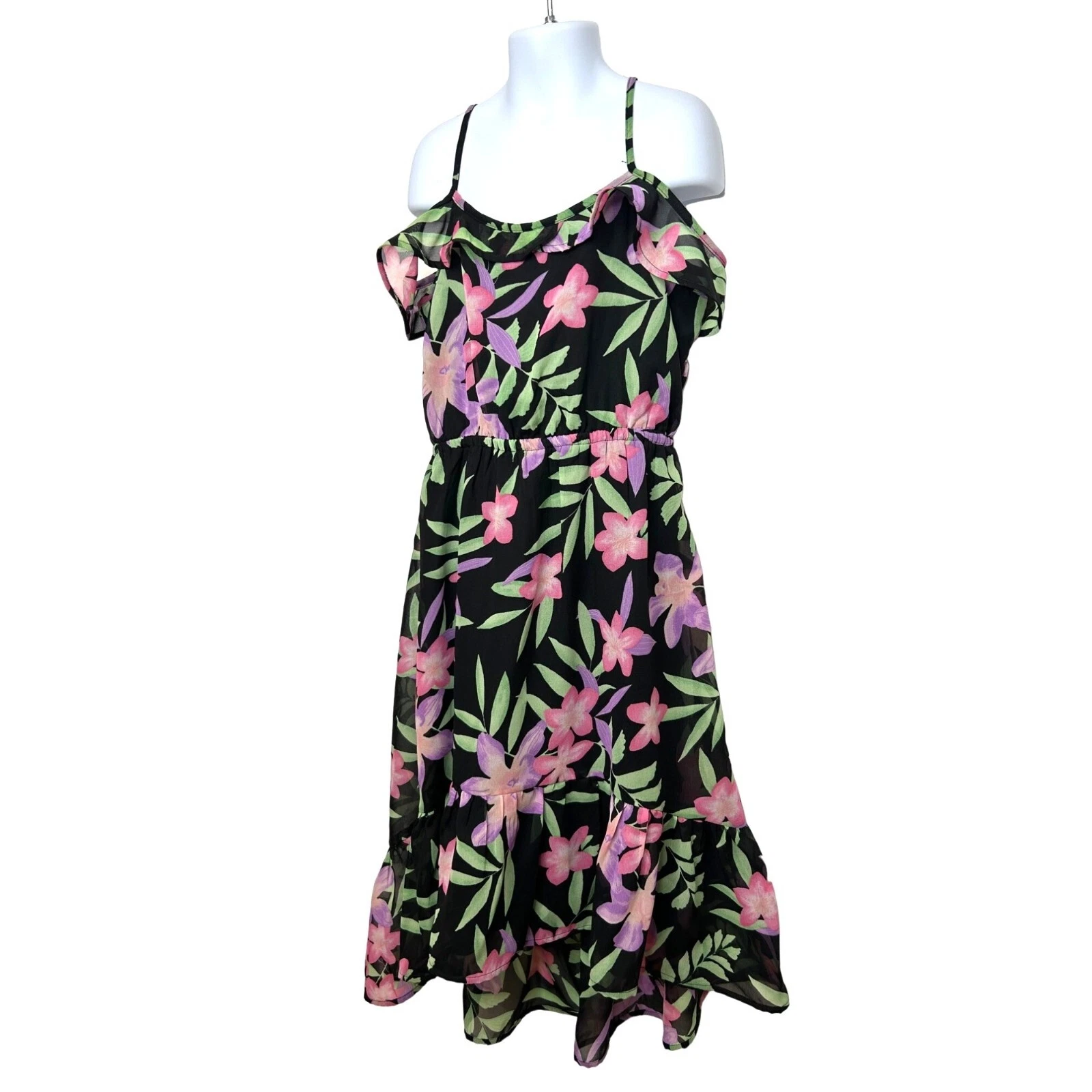 Children’s Place Girls Dress M 7/8 Floral Black Pink Hi/Lo Ruffled Cold Shoulder