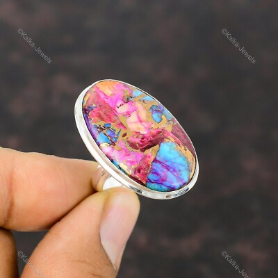 Natural Kingman Pink Dahlia Turquoise Promise Adjustable Ring 925 Silver