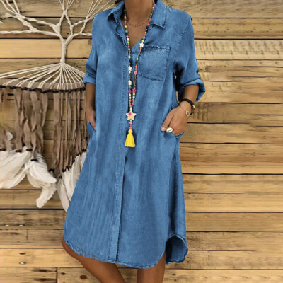 fitted lace wedding dress Lt. Denim Button-Down Puff Sleeve Denim Midi Dress Small