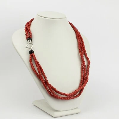 Collier Long En Argent 925 Avec Corail Rouge Et Onyx Facetté AGLN 0225 - Photo 1/3