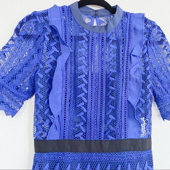 Self Portrait Womens Short Sleeve Geometric Lace Midi Dress Cobalt Blue Size 2, Women's