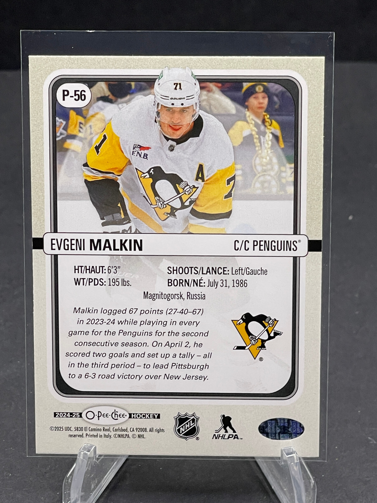 2024-25 EVGENI MALKIN O-PEE-CHEE PREMIER DIAMOND RAINBOW #P-56, SN 58/75 SSP