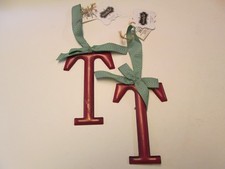 Tin Initial T Ornaments with Green Striped Bows, Red, Set of 2, NWT