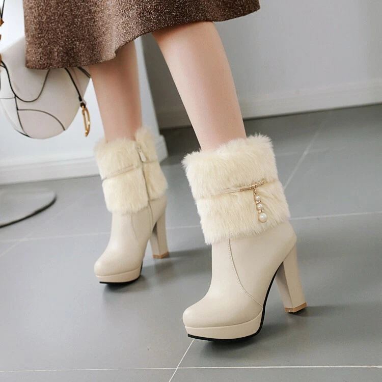Womens Fashion Round Toe Block High Heels Warm Fur Top Ankle Boots