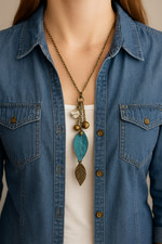 Boho Bronze Long Necklace Turquoise Leaf Pendant Crystal Charm Fashion Jewelry