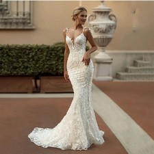 Lace Mermaid Wedding Dresses Spaghetti Strap V-Neck Appliqued Train Bridal Gowns