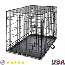 Double-Door Folding Metal Dog Crate W/ Divider Removable Tray Large Dogs New