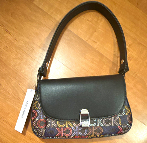 Calvin Klein Small Logo Pattern Shoulder Bag Black Multicolor Silver Buckle
