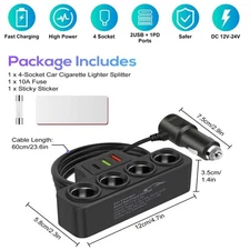 120W Car Charger 4 Socket 3 USB [QC+PD Fast Charging] for Phone Laptop Tire Pump