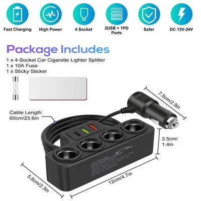 120W Car Charger 4 Socket 3 USB [QC+PD Fast Charging] for Phone Laptop Tire Pump