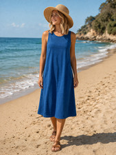 J Jill Pure Jill Indigo Tank Dress Size L Blue Shift Pockets Cotton Beach Resort