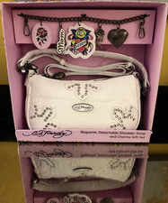 Ed Hardy White Floral Skull Baguette Shoulder Bag w/ Detachable Strap Charms