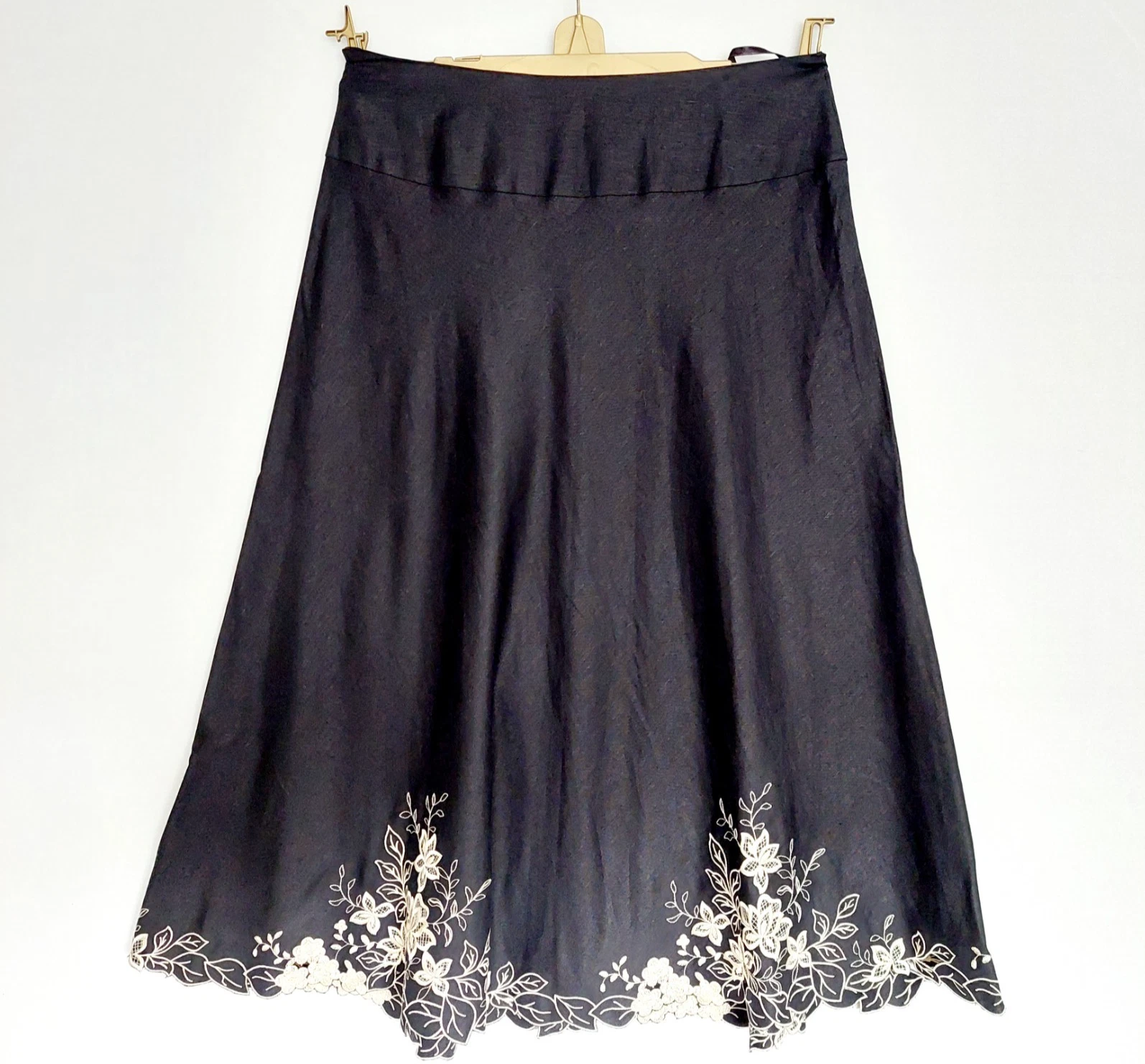 Pomodoro Linen Blend Skirt Size 14 Black Cream Floral Embroidered Midi Lined