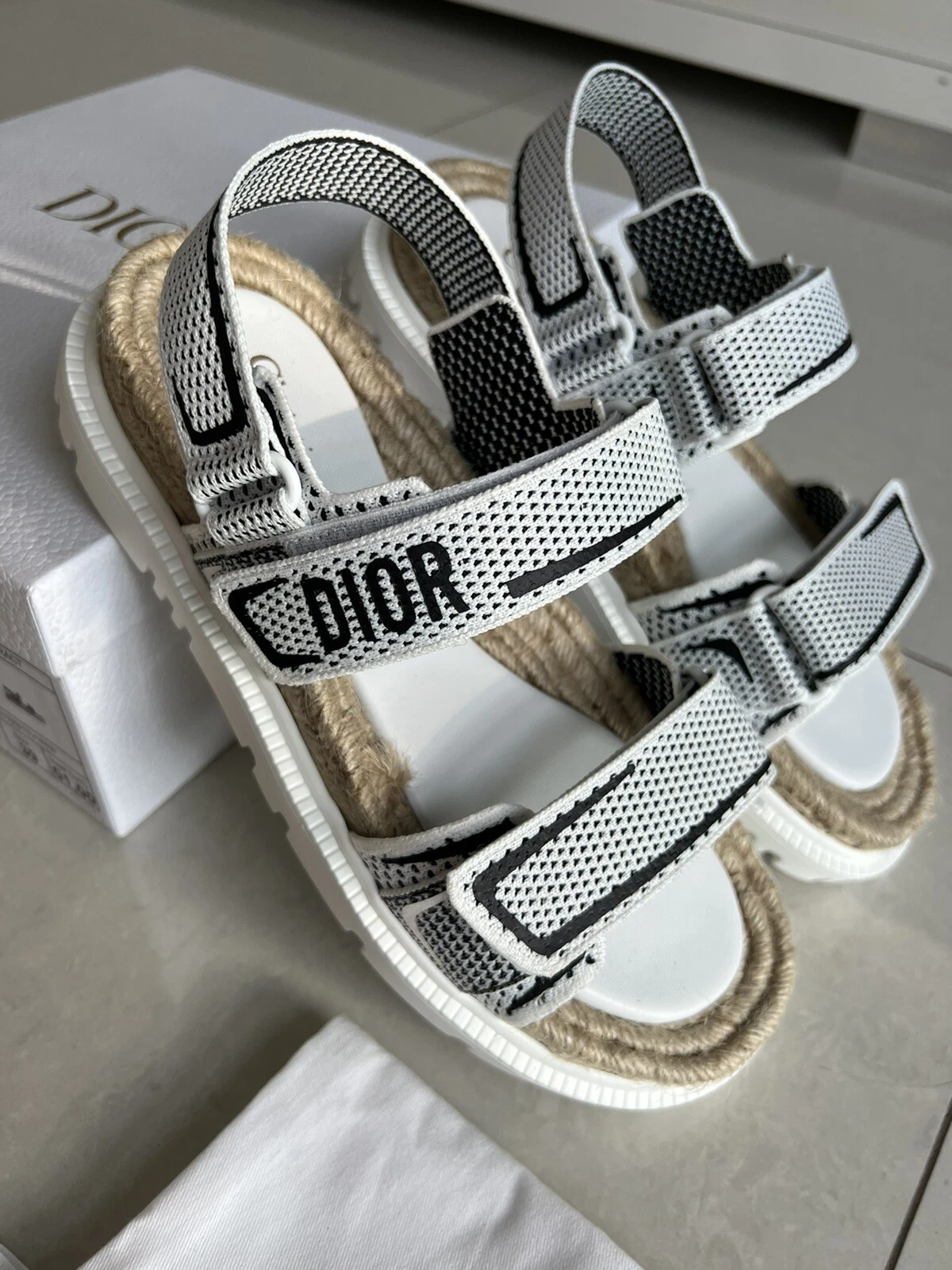 DIOR Dior Act Tissu Technique Corde Papa Sandales Plates Chaussures Blanc NEUF