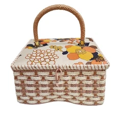 Vintage Wicker Woven Sewing Basket Box MCM Japan Orange Gold Blue 11.5x9x7 READ