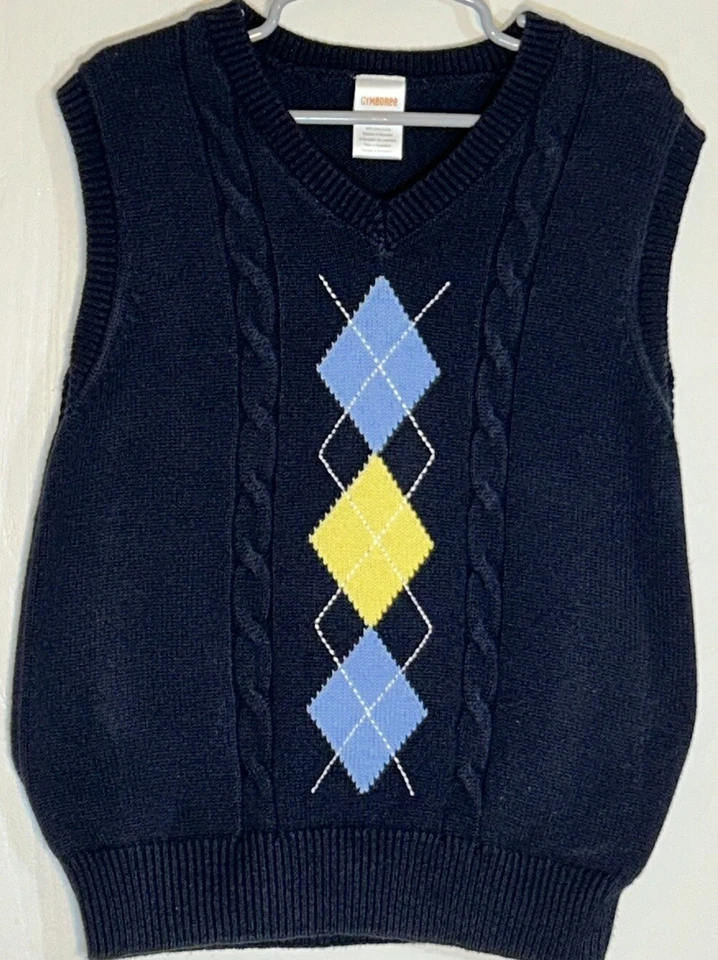 Gymboree Little Boy Sz 6 Sweater Vest Navy Blue V-Neck Light Blue/Yellow Argyle - Image 2 of 4
