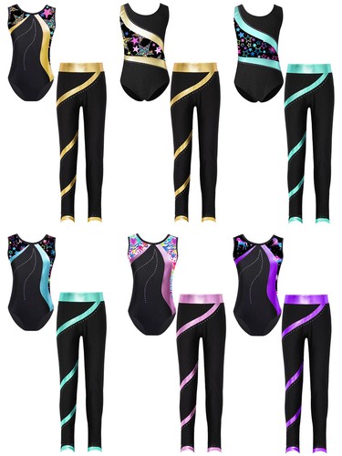 Kids Girls Set Skating Outfit Striped Leotard Training Pants Stage Dancewear - Picture 4 of 60