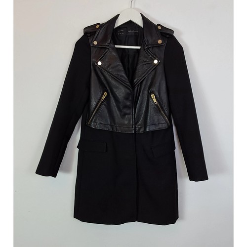 Zara Genuine Cows Leather Trench Coat Size XS Black Longline Biker Duster Jacket