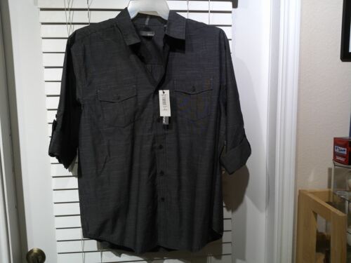 NWT BRUNO Grey/STNGRN ROLL TAB SHORT SLEEVE BUTTON FRONT SHIRT SZ Large