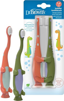 Dr. Brown's Kleinkind Zahnbürste, Dinosaurier, grün und orange, 2er Pack. Schneller Versand