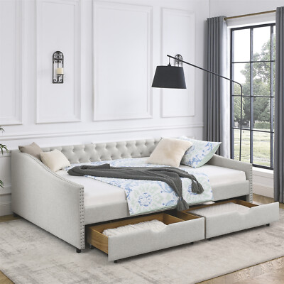 Queen Size Daybed w/ 2 Storage Drawers Upholstered Bed Frame Sofa Bed US