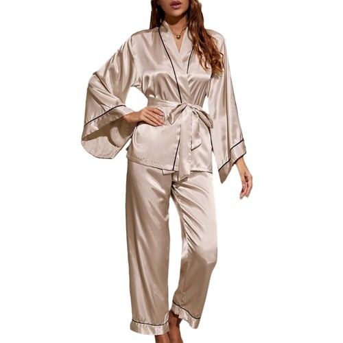 Satins Silk Pajamas Set Women Belted Sleepwear Long Sleeve Pj Set Loungewear - Picture 20 of 32