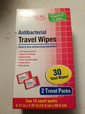 30 Assured Travel Wipes Towelettes With Vitamin E And Aloe (2 Packs) 