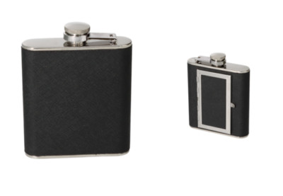 Flachmann mit int. Etui, 5oz, Edelstahl schwarz, Flask Zigarettenetui