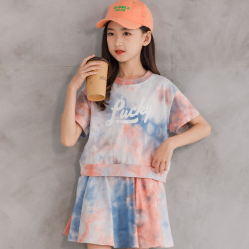 Summer Girls Cotton Fashion Cute Tie Dye Short Sleeve Short Skirt Sports Suit - Picture 26 of 30