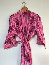 Indian Pink Striped Floral Cotton Robe Long Kimono Sleepwear Night Suit Kimono