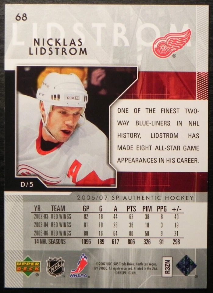 2006-07 06/07 SP Authentic #68 Nicklas Lidstrom Detroit Red Wings - Image 2 of 2