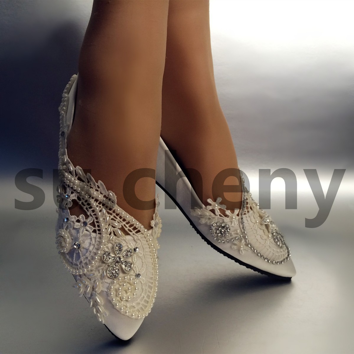 su.cheny Silk satin white ivory lace pearl rhinestone flat Wedding Bridal  shoes | eBay