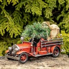 Vintage Style 16" Long Metal Fire Truck Decoration with Christmas Tree