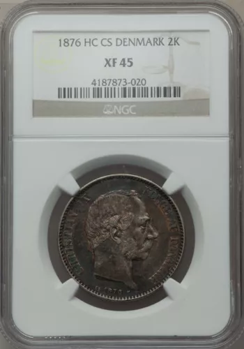1876 HC CS Denmark 2 Kroner, NGC XF 45, Over $450 in Krause Catalog