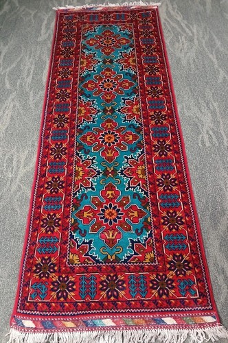 2'5x6'11 Ft Handmade Afghan Turquoise Red Wool Runner Rug Hallway Kitchen Décor