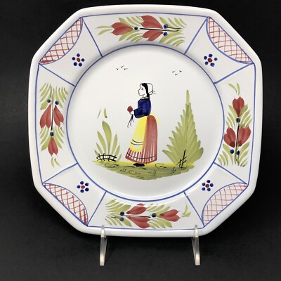 Henriot Quimper Faience Pottery Mistral Blue Luncheon Plate Woman Octagonal 9''
