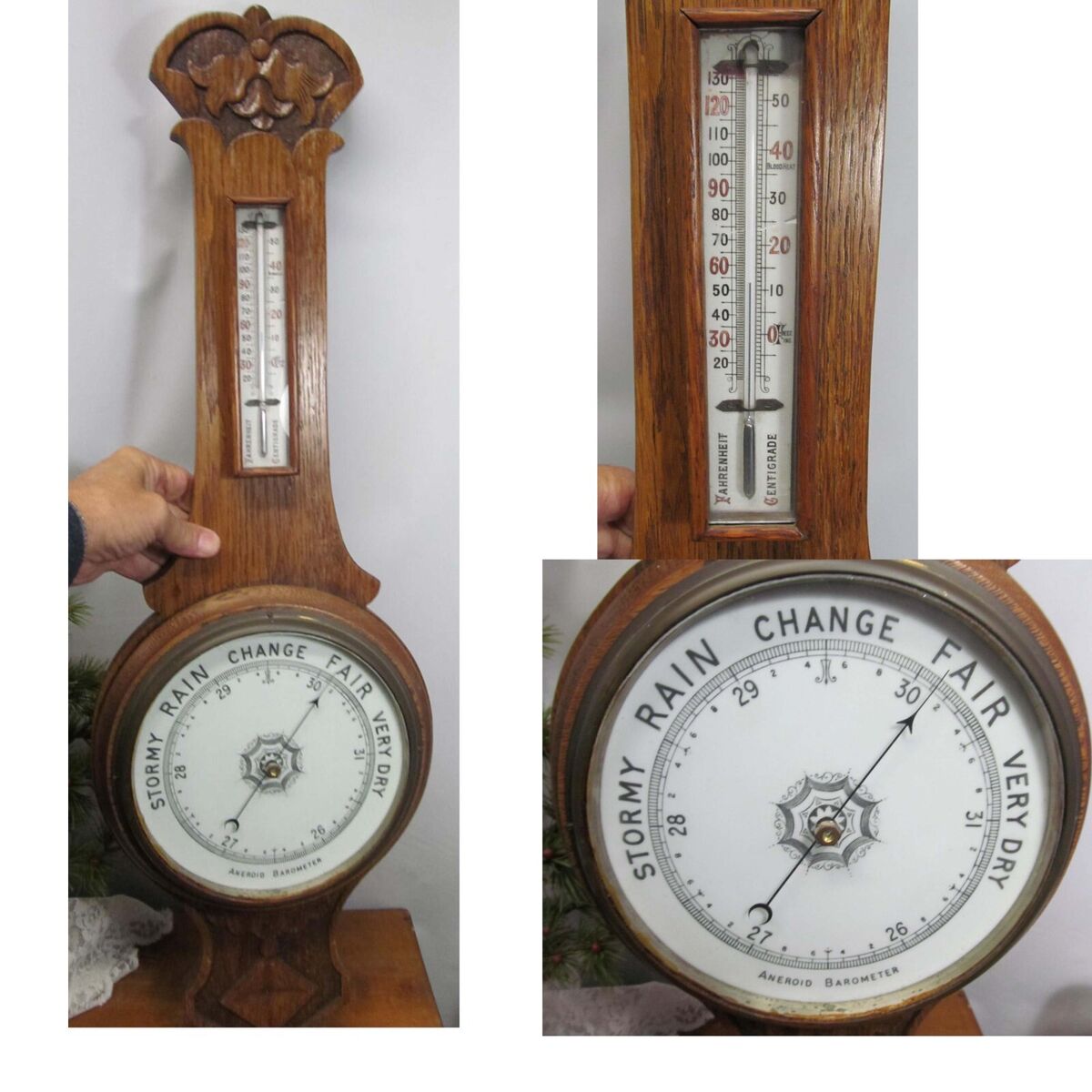 Vintage Oak Aneroid Wheel Barometer Banjo Porcelain Vintage Oak Aneroid Wheel Barometer Banjo Porcelain