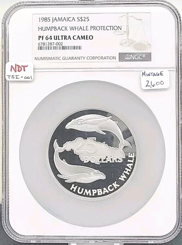 1985 JAMAICA SILVER 25 DOLLARS HUMPBACK WHALE 2600 MINTAGE NGC PF 64 ULTRA CAMEO