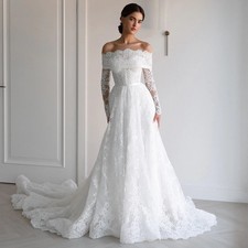 Wedding Dress Boat Neck Long Sleeves Back Zipper Buttons Court Train Bridal Gown