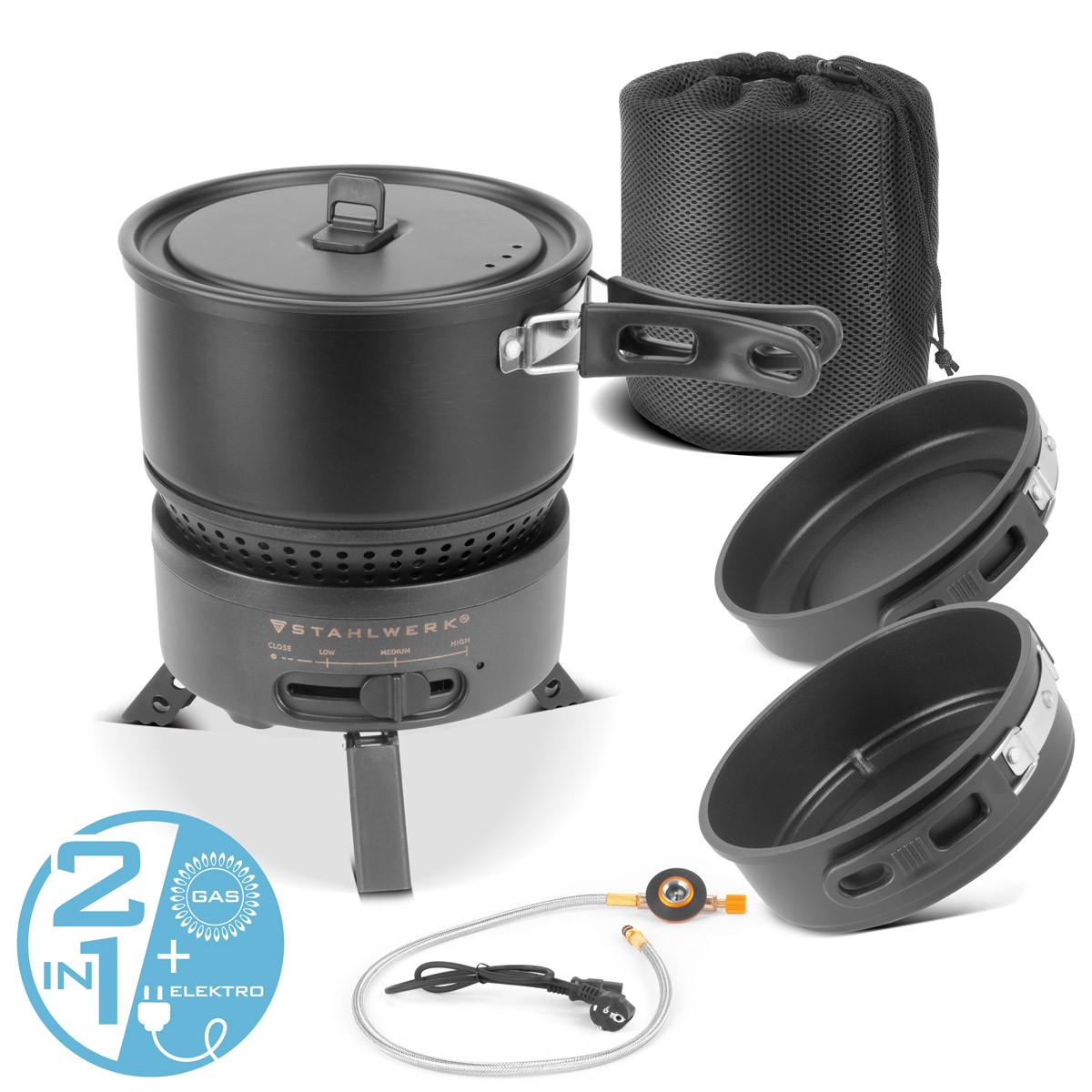 STAHLWERK Campingkocher 2 in1 Elektrokocher Gaskocher Outdoor Camping Koch Set