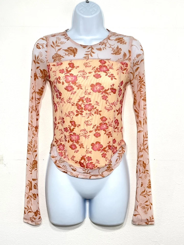 NUEVO SIN ETIQUETAS Free People Mujer S Bettys Jardín Camisa Manga Larga Coral Combo Foto 4 de 4