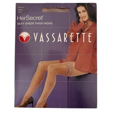 Vassarette Lace Top Thigh High Stockings MEDIUM Beige Silky Sheer Her Secret NOS