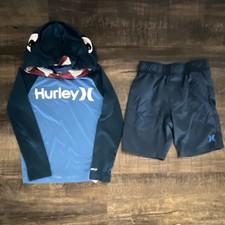 Hurley Boys Shark Rash Guard & Swim Shorts Set Blue Size 5 UPF 50+ Quick Dry