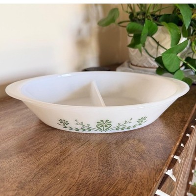Vintage Unmarked Glasbake Green Daisy Divided Milk Glass Casserole Dish 70s