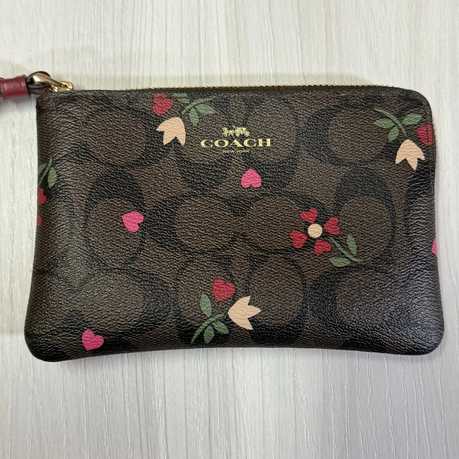 Coach Marsupio da Polso Donna Marrone Floreale Firma Tela Zip Portafoglio Borsa