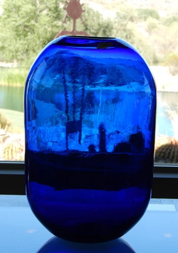 Blenko Don Shepherd Pill Shape Cobalt Blue Glass Vase 8016L, Label, 12 1/2" tall